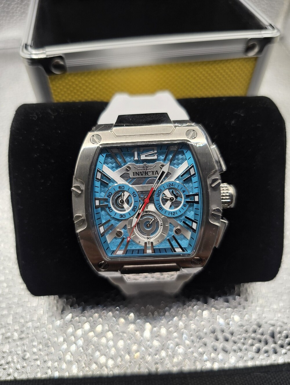 Invicta Racing Men's Silver Case Blue Dial Chronograph with White Strap
